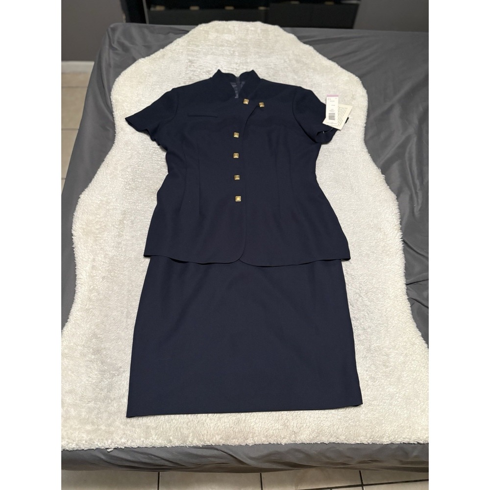 VTG Jessica Howard Faux 2 Piece Navy Blue Skirt Suit Dress Gold Button 12 Petite